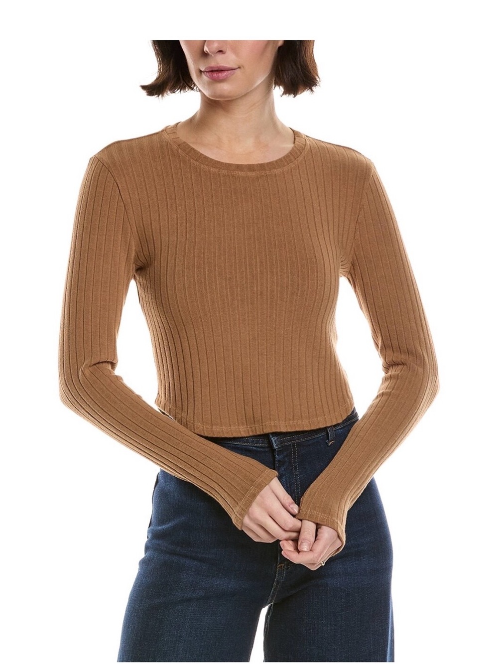 Bella Dahl Ribbed Long-Sleeve Crewneck Top in Camel Brown - Never Worn